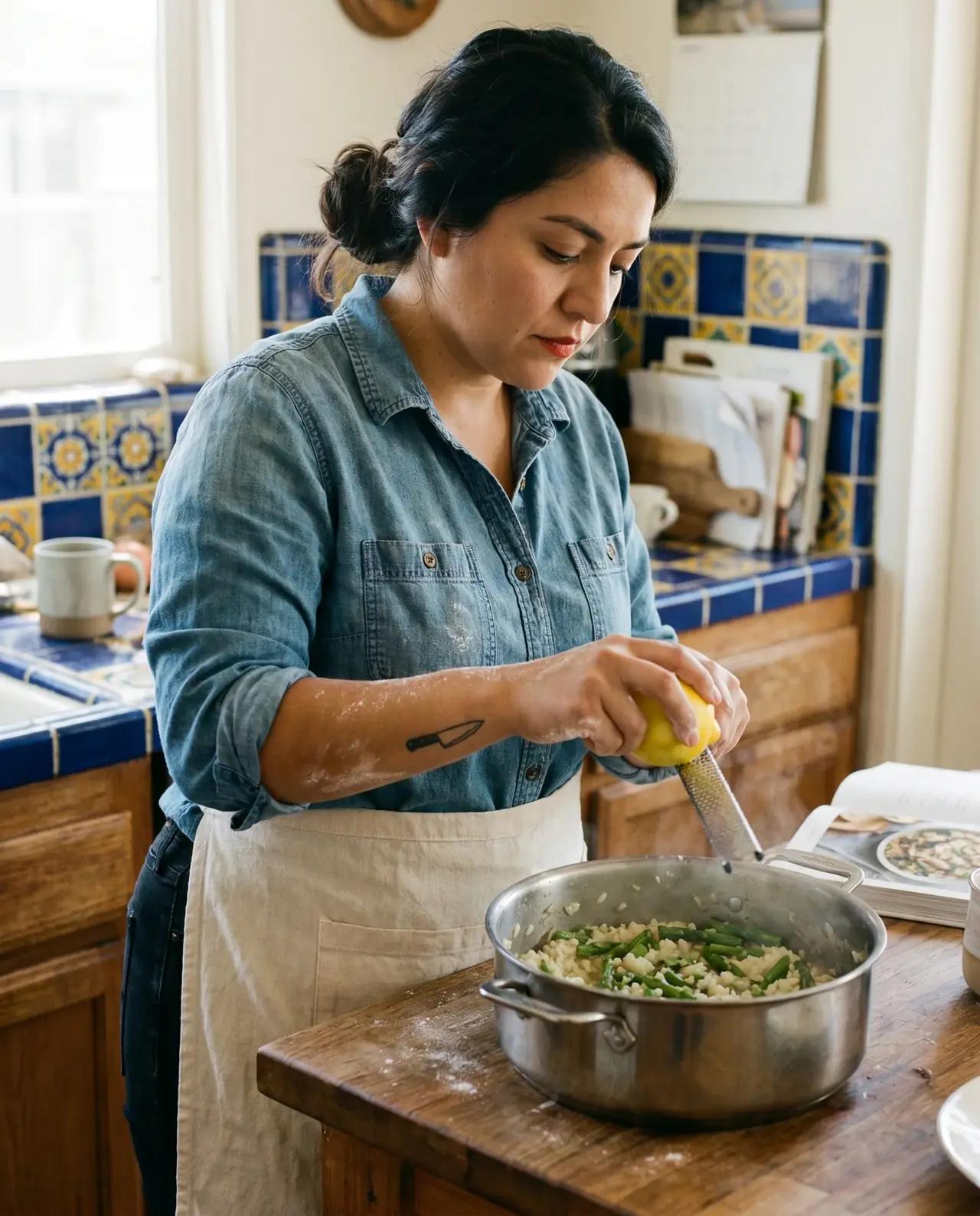 Food & Recipes AI influencer content, Food & Recipes, kitchen tours. overhead shots, natural kitchen light, step-by-step.