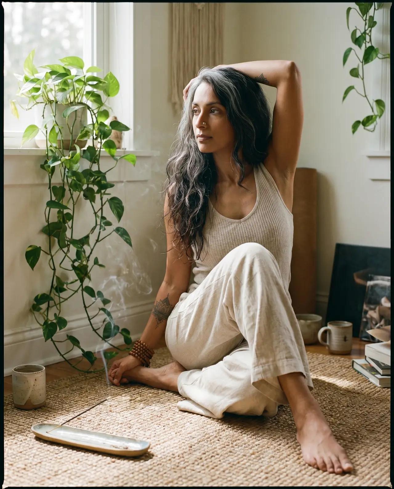 Wellness AI influencer content, Wellness, morning routines. soft natural light, cozy interiors, outdoor nature.