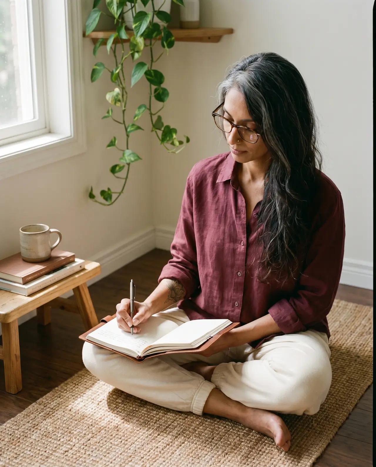 Wellness AI influencer content, Wellness, journaling. soft natural light, cozy interiors, outdoor nature.