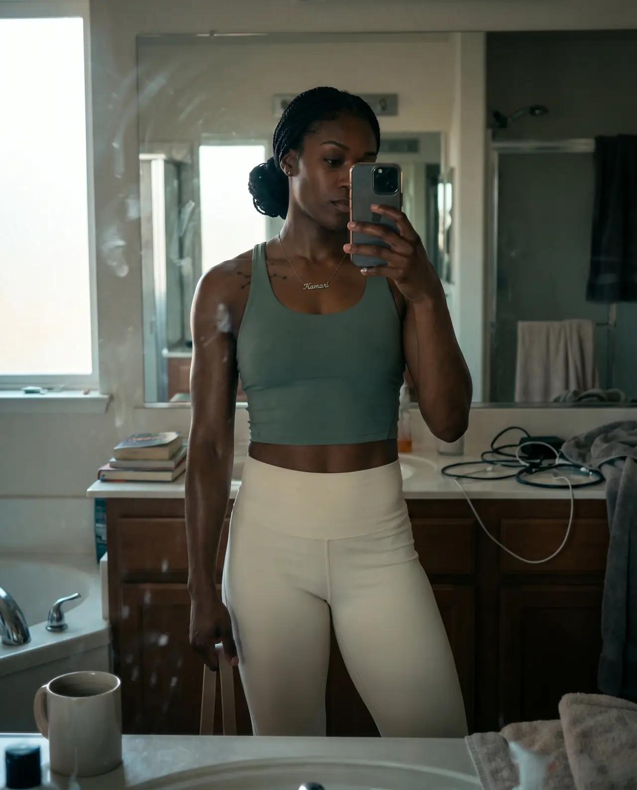 Fitness AI influencer content, workout breakdowns. athletic, gym environments, outdoor workouts.
